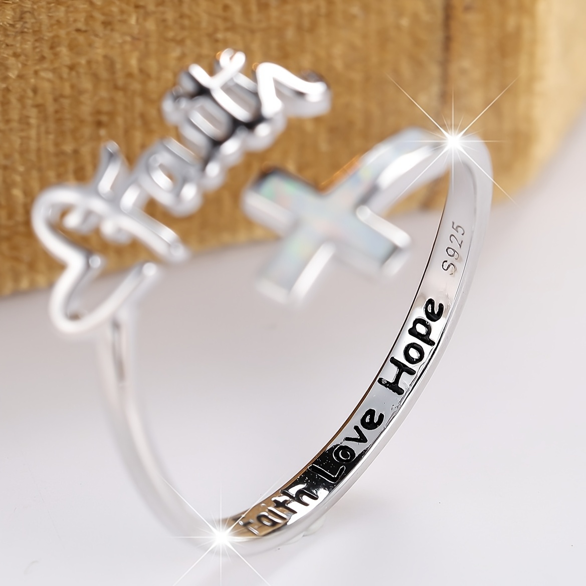 Vintage Boho Opal Cross Ring 925 Silver Plated Script Lettering
